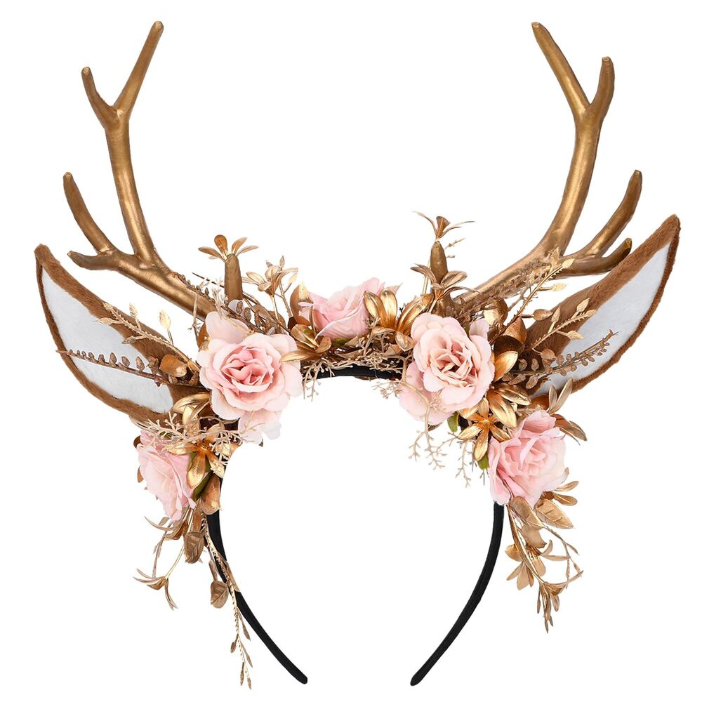 1911 Handmade Gold Flower Antler Headband - Woodland Floral Reindeer